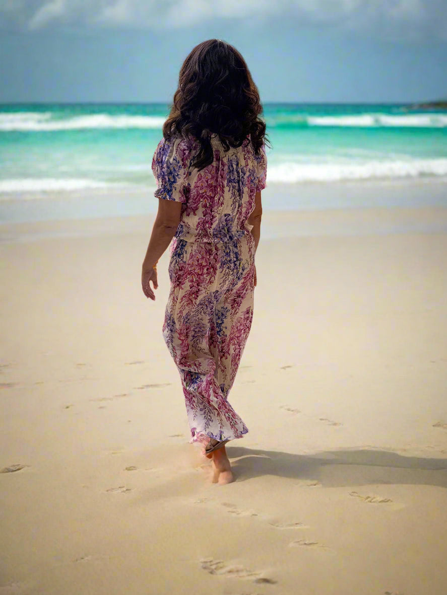 Wisteria Print, Long Pant and Off the Shoulder Volant Top