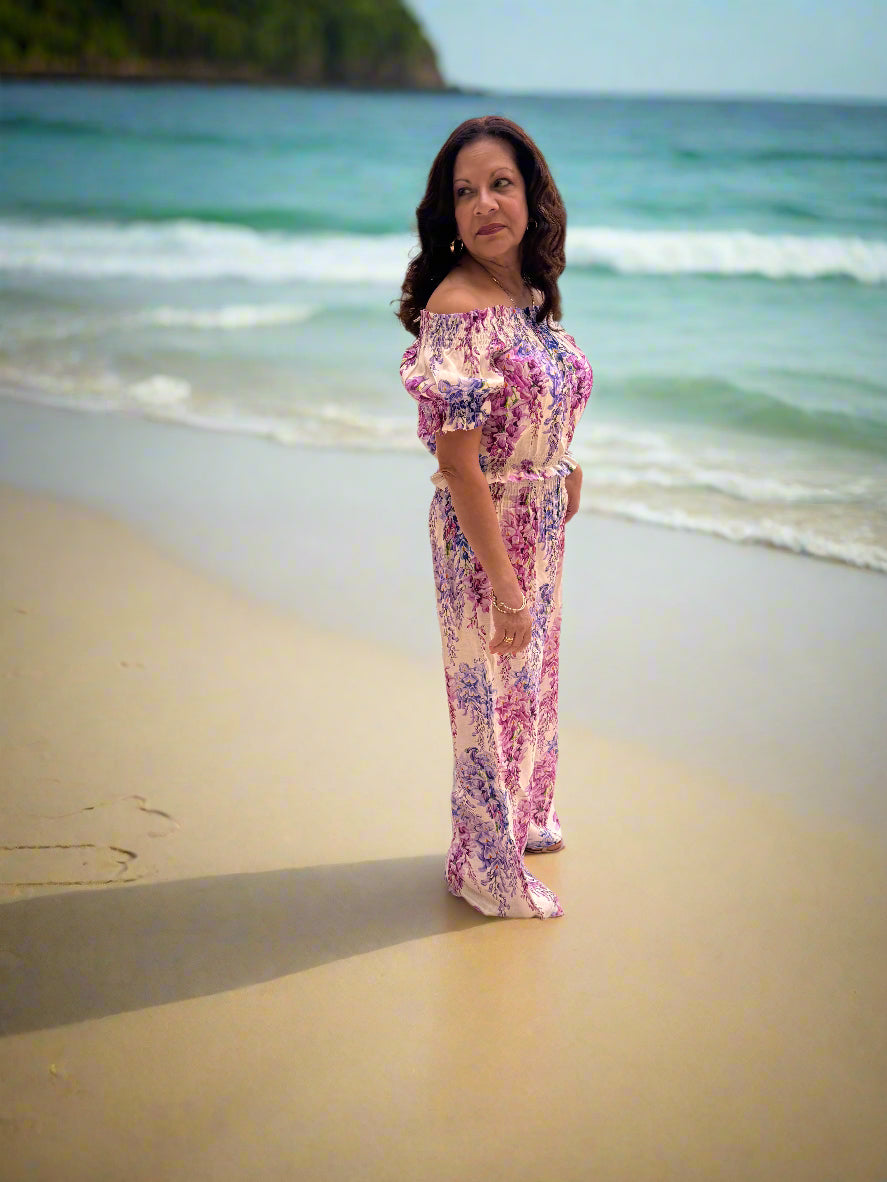 Wisteria Print, Long Pant and Off the Shoulder Volant Top